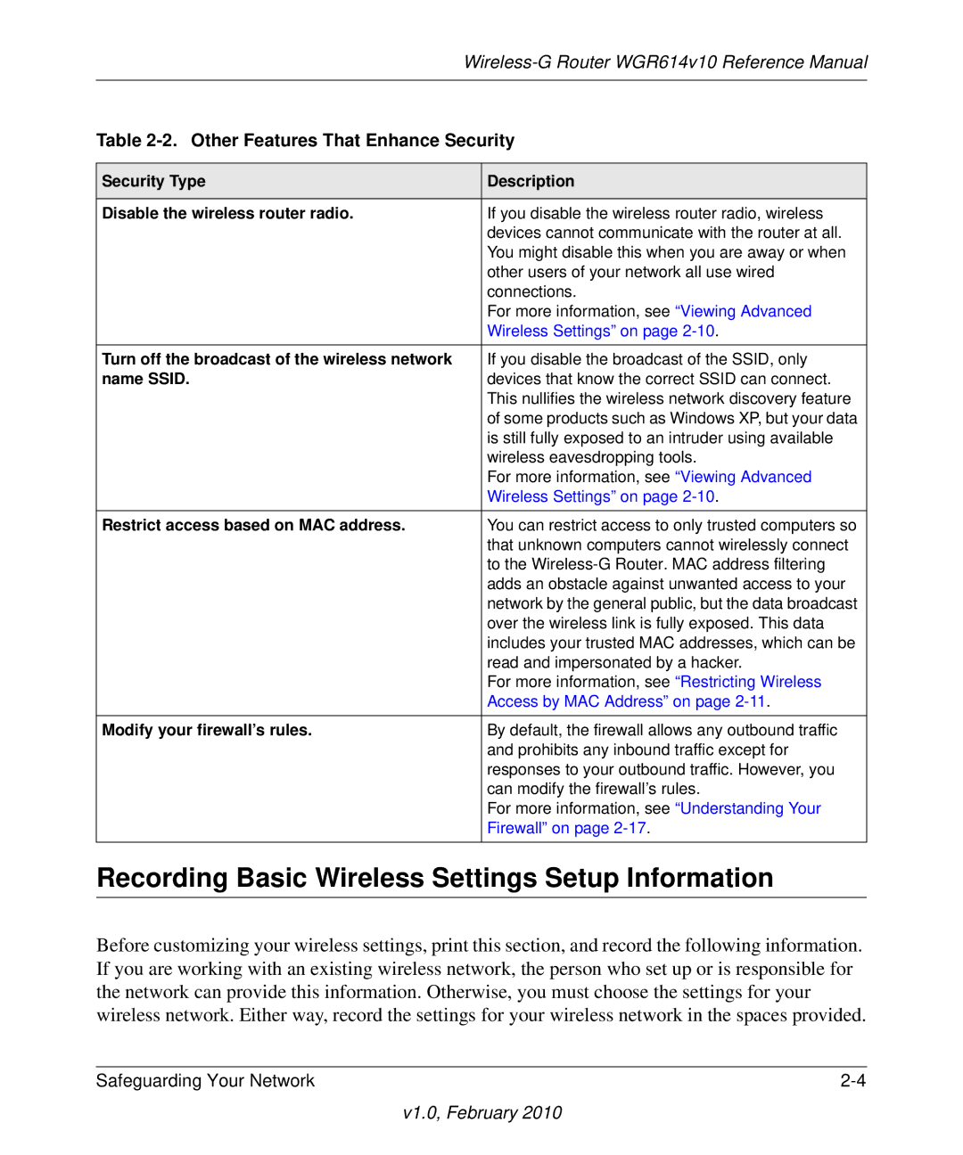 NETGEAR WGR614V10 manual Recording Basic Wireless Settings Setup Information, Other Features That Enhance Security 