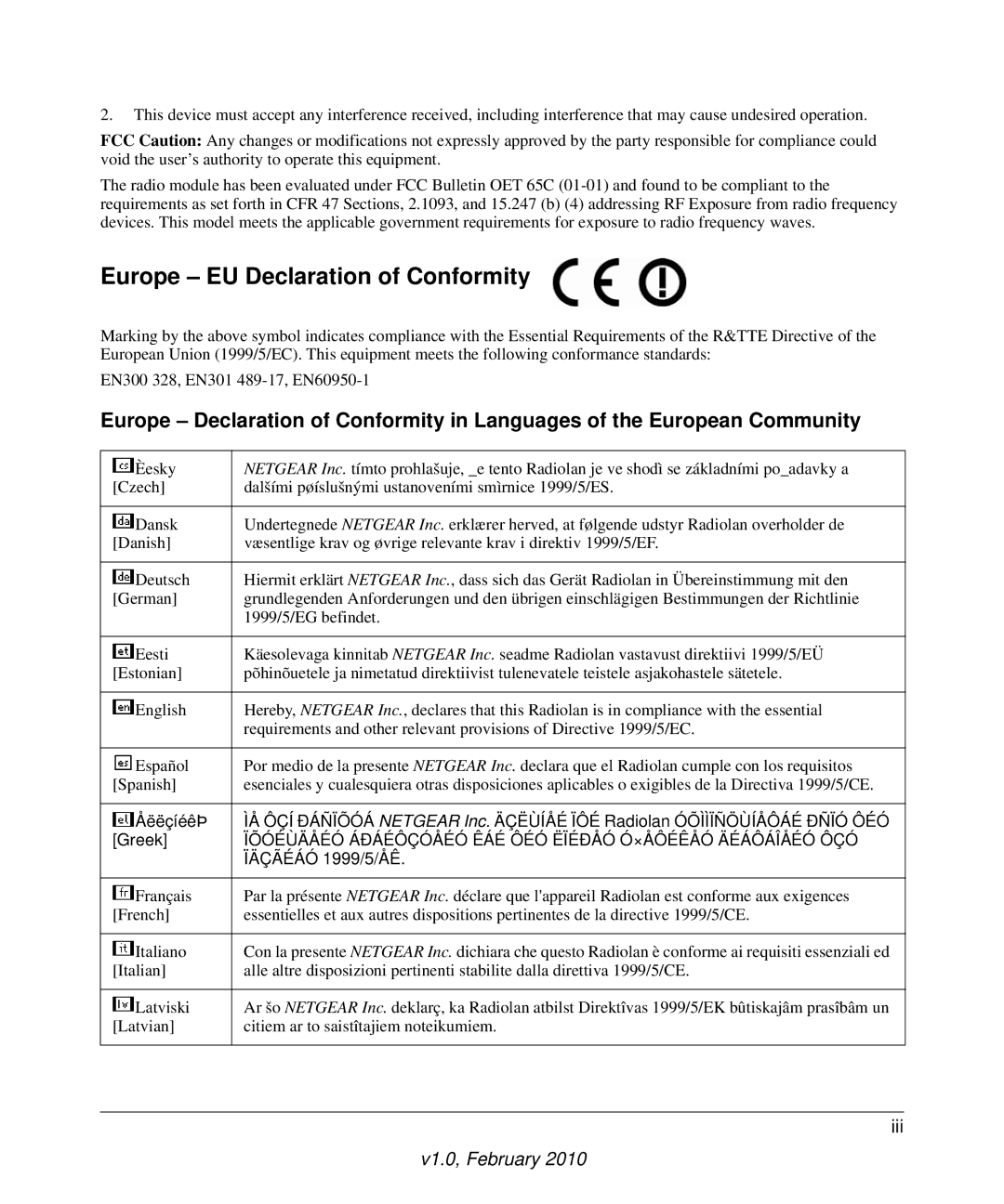 NETGEAR WGR614V10 manual Europe EU Declaration of Conformity 