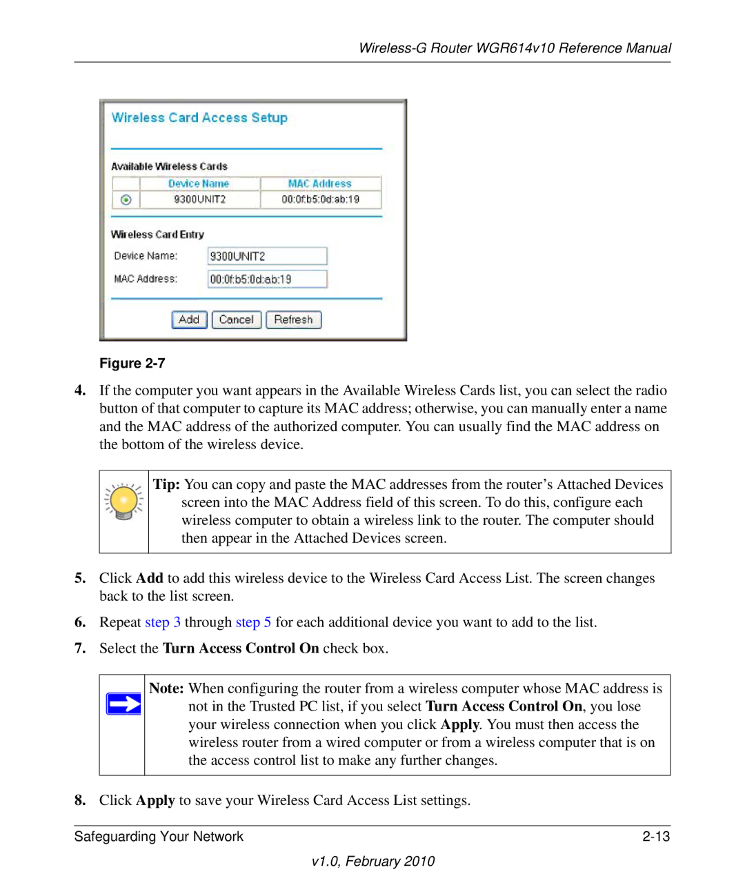 NETGEAR WGR614V10 manual Select the Turn Access Control On check box 