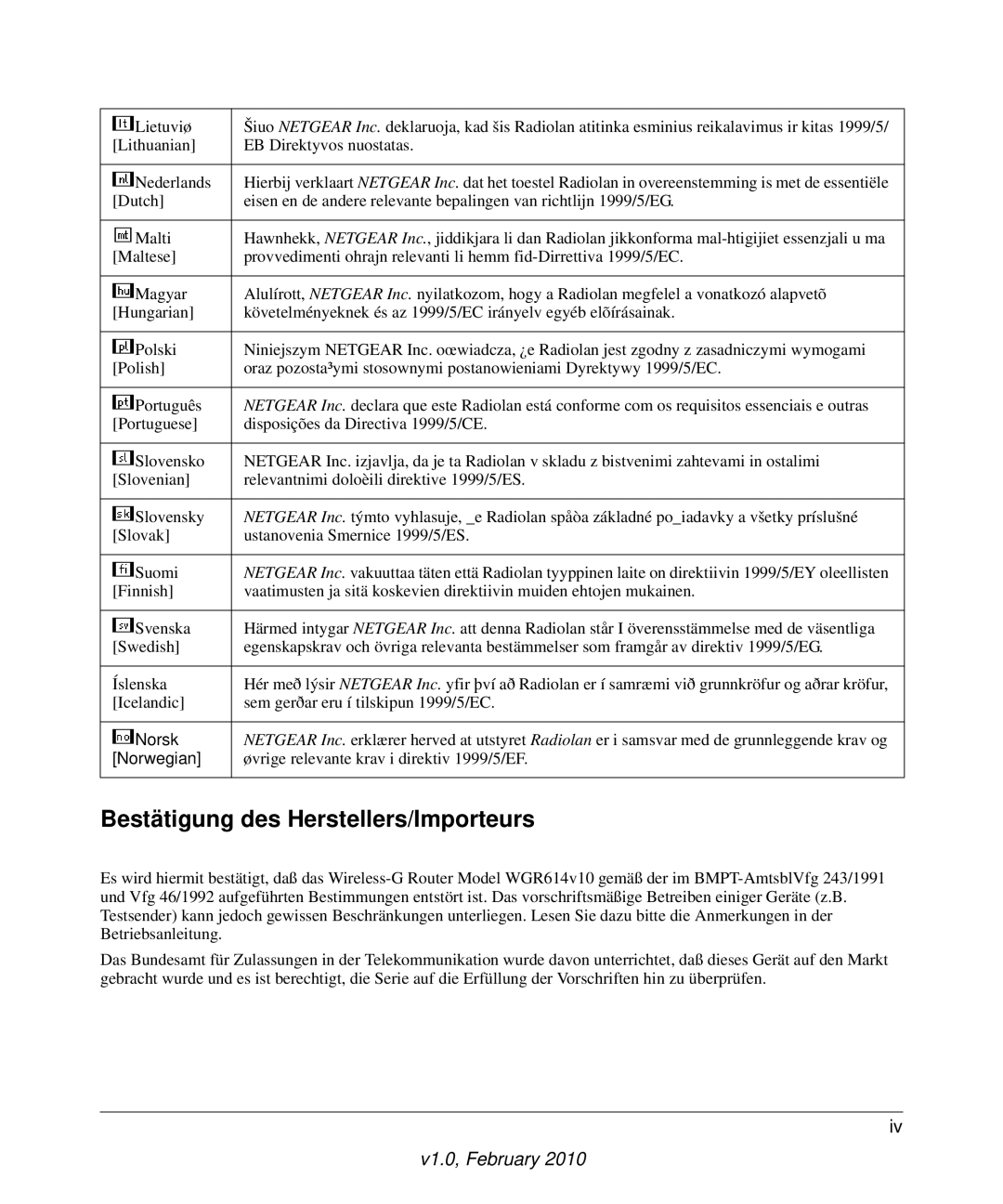 NETGEAR WGR614V10 manual Bestätigung des Herstellers/Importeurs 