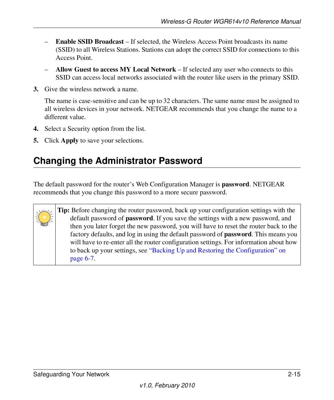 NETGEAR WGR614V10 manual Changing the Administrator Password 