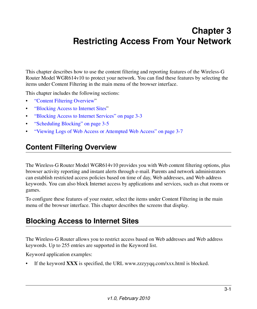 NETGEAR WGR614V10 Restricting Access From Your Network, Content Filtering Overview, Blocking Access to Internet Sites 