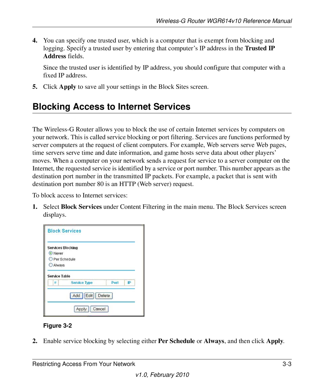 NETGEAR WGR614V10 manual Blocking Access to Internet Services 