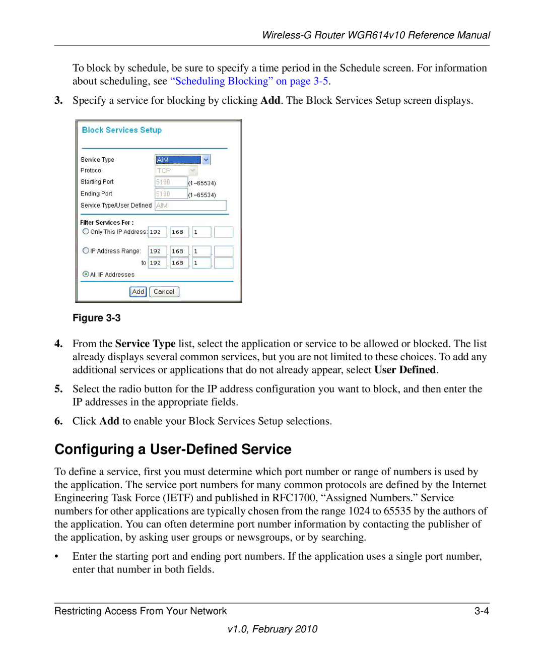 NETGEAR WGR614V10 manual Configuring a User-Defined Service 