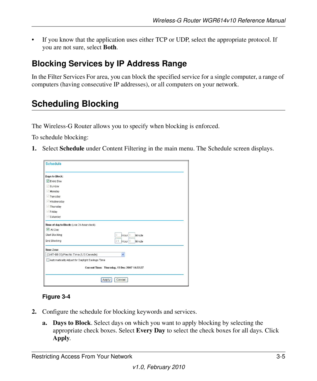 NETGEAR WGR614V10 manual Scheduling Blocking, Blocking Services by IP Address Range 