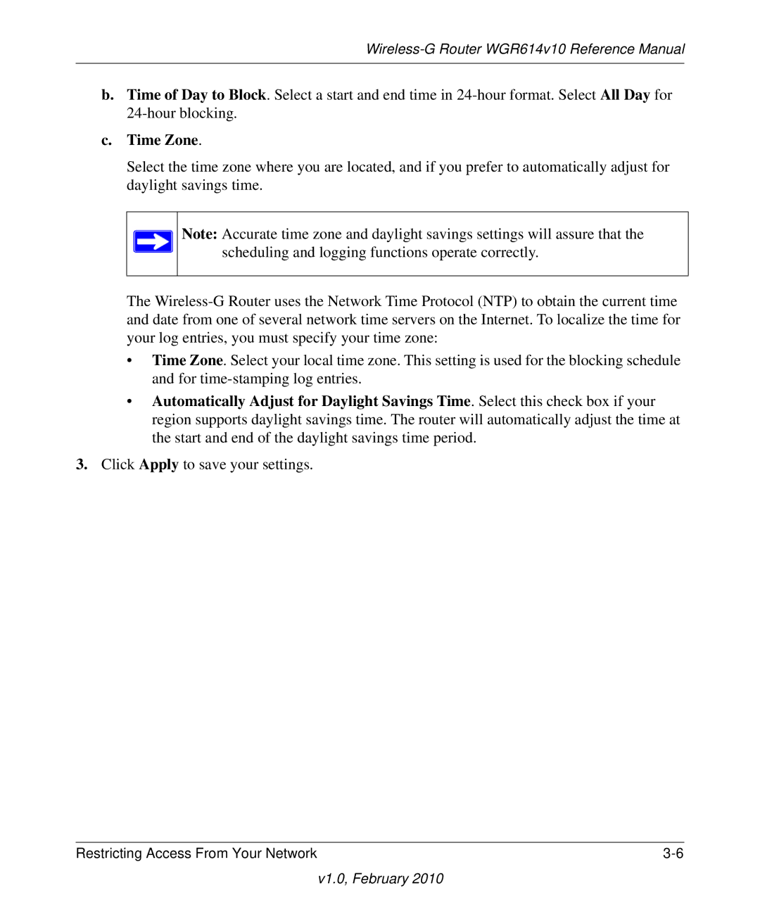 NETGEAR WGR614V10 manual Time Zone 