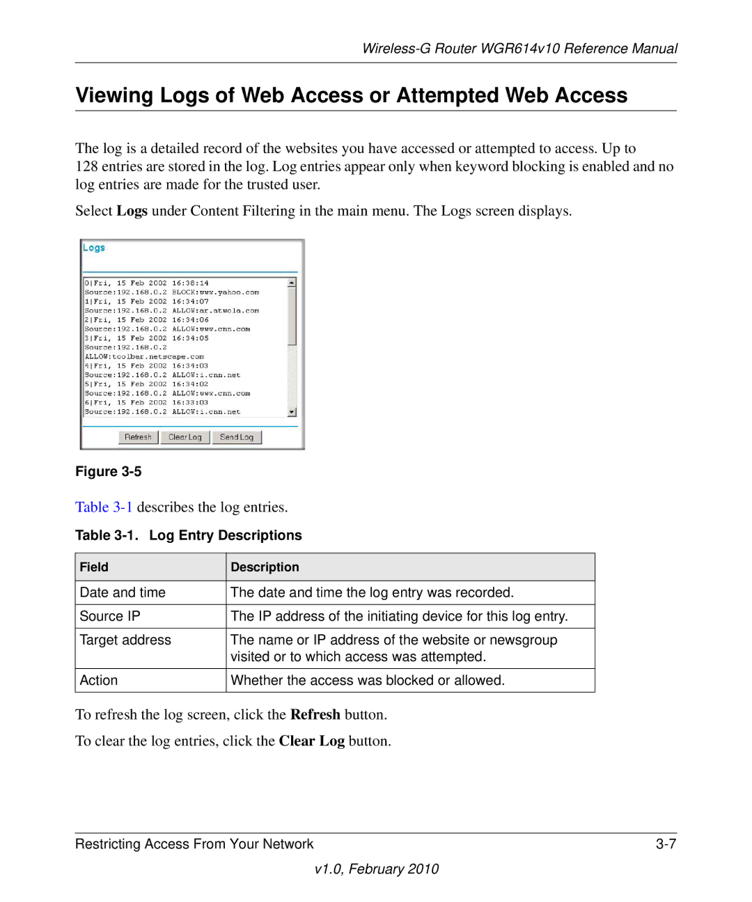 NETGEAR WGR614V10 manual Viewing Logs of Web Access or Attempted Web Access, Log Entry Descriptions 