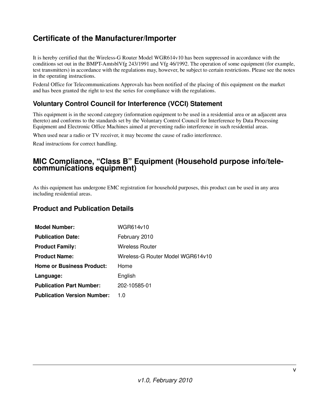 NETGEAR WGR614V10 manual Voluntary Control Council for Interference Vcci Statement, Product and Publication Details 