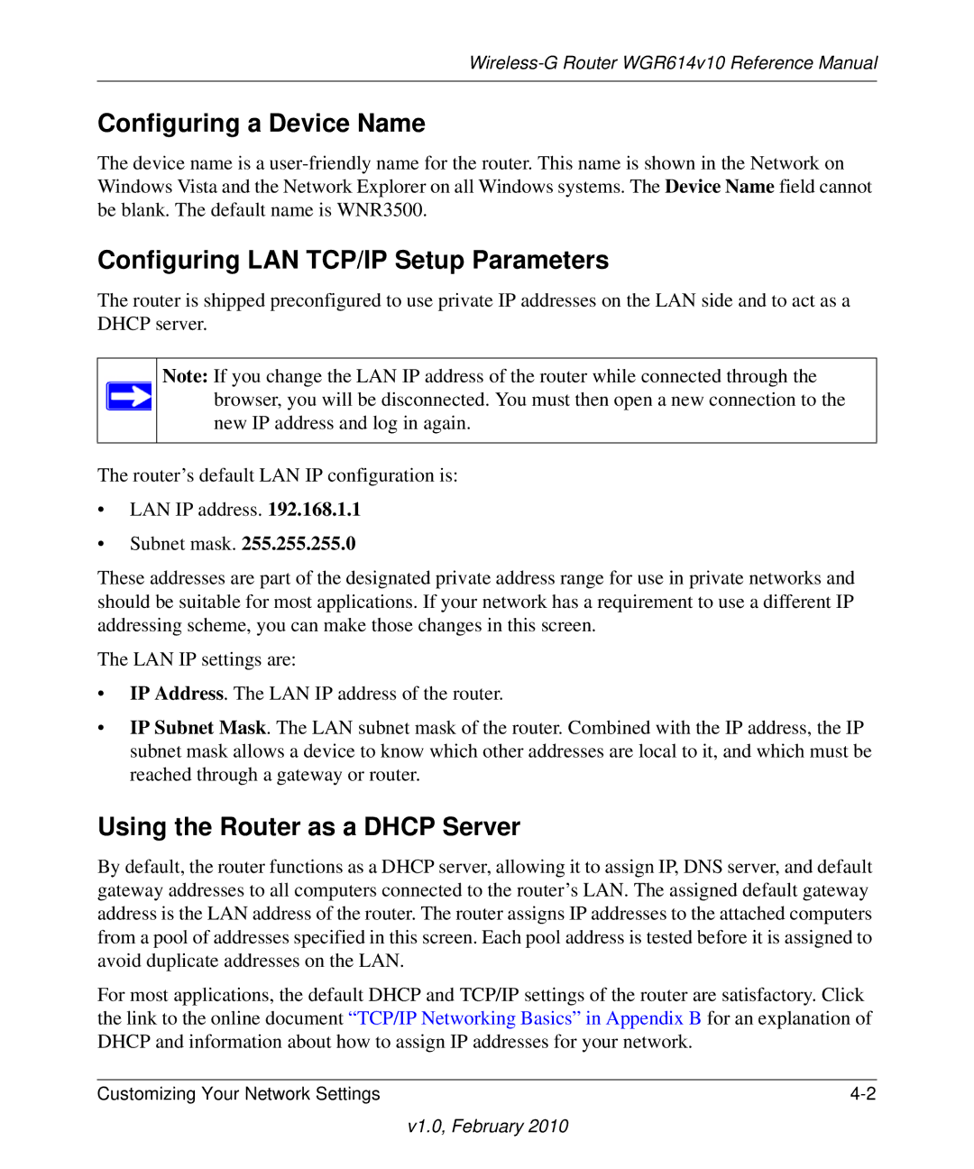 NETGEAR WGR614V10 Configuring a Device Name, Configuring LAN TCP/IP Setup Parameters, Using the Router as a Dhcp Server 