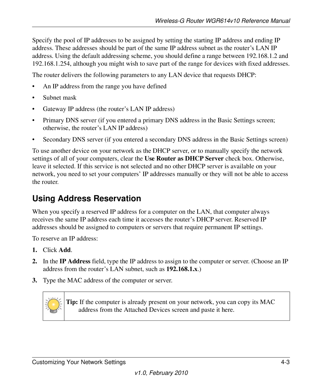 NETGEAR WGR614V10 manual Using Address Reservation 