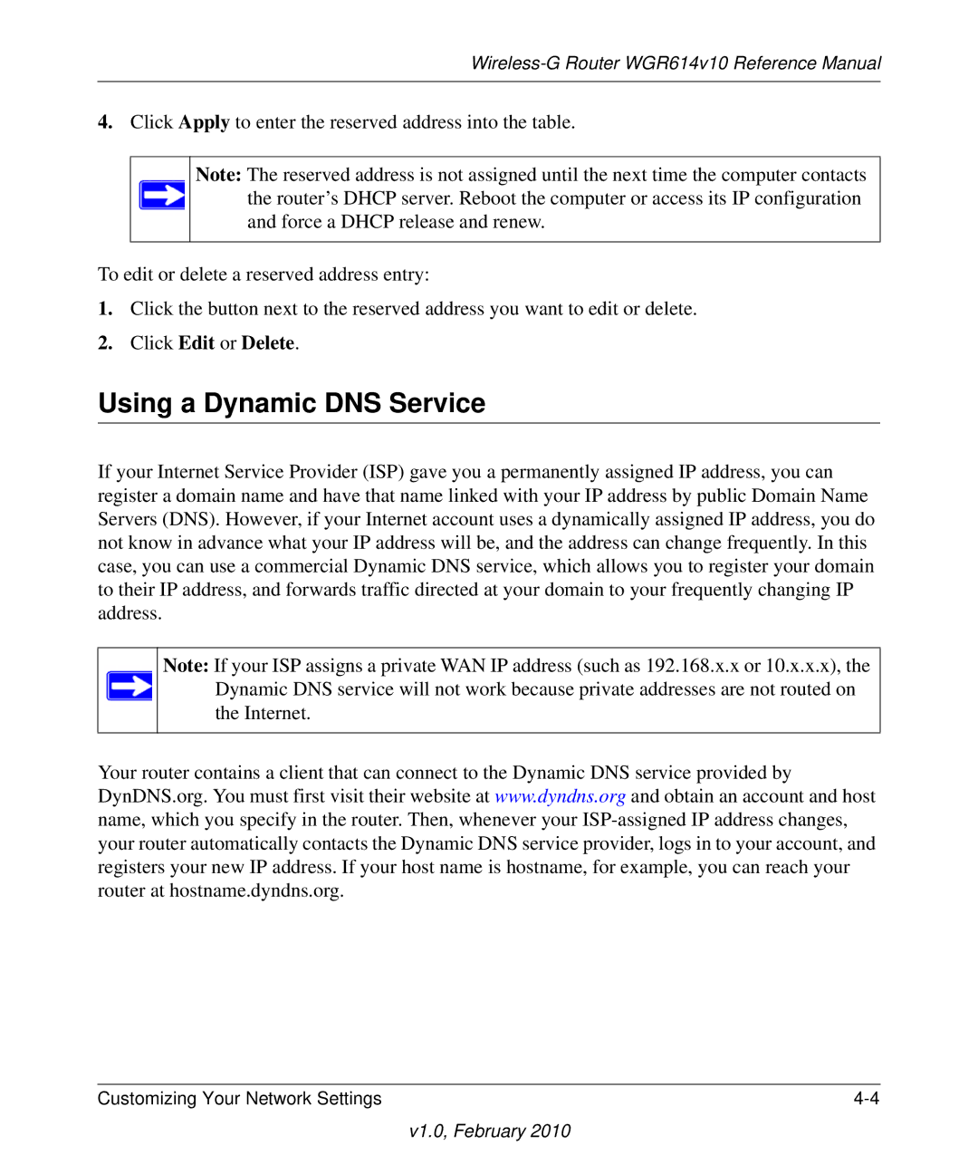 NETGEAR WGR614V10 manual Using a Dynamic DNS Service, Click Edit or Delete 