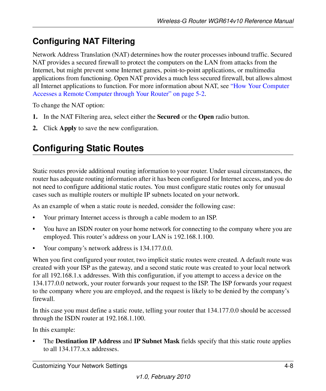 NETGEAR WGR614V10 manual Configuring Static Routes, Configuring NAT Filtering 