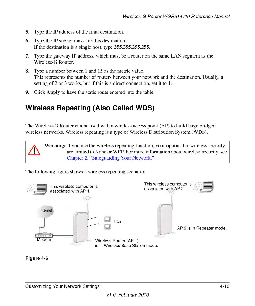 NETGEAR WGR614V10 manual Wireless Repeating Also Called WDS 