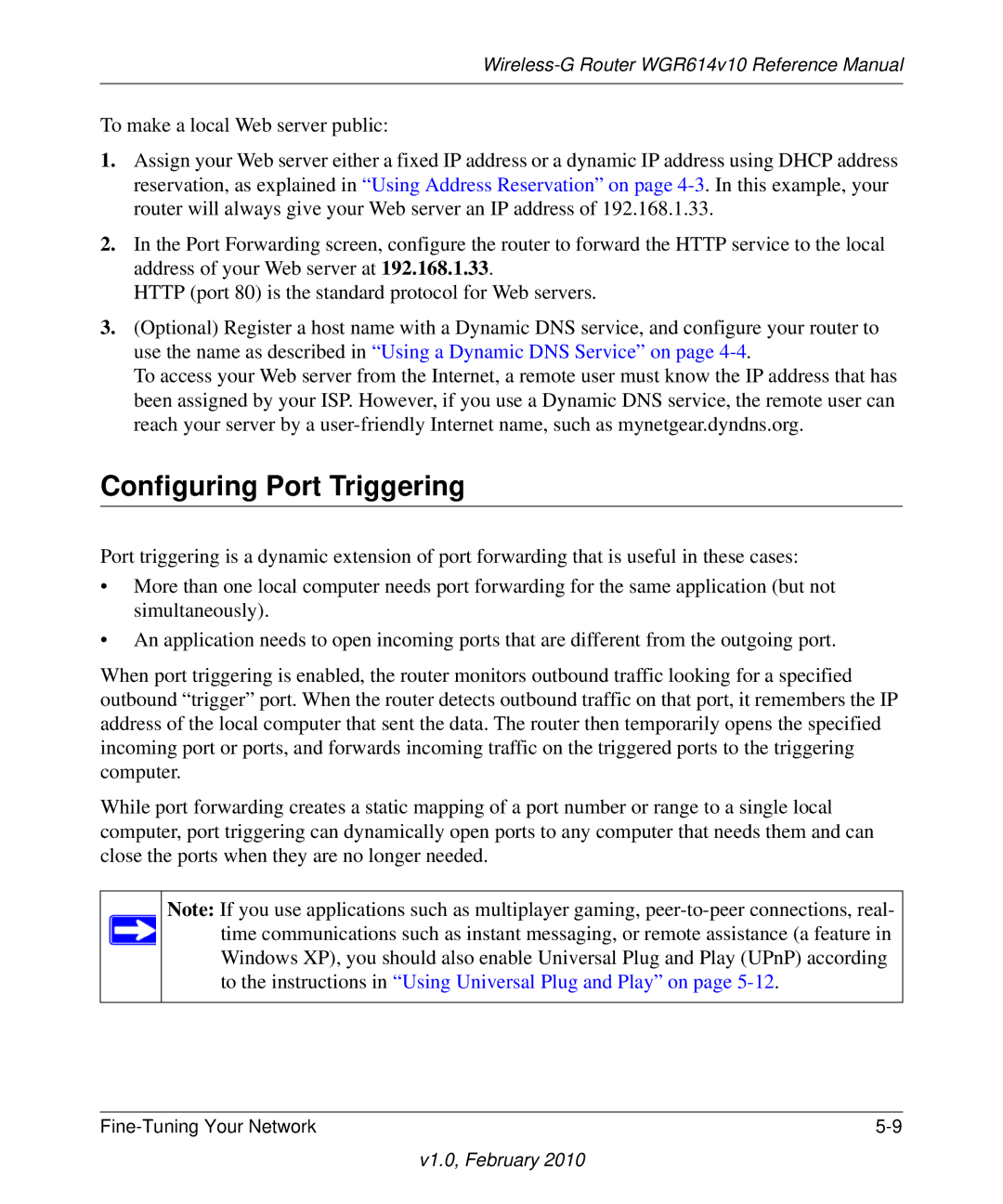 NETGEAR WGR614V10 manual Configuring Port Triggering 