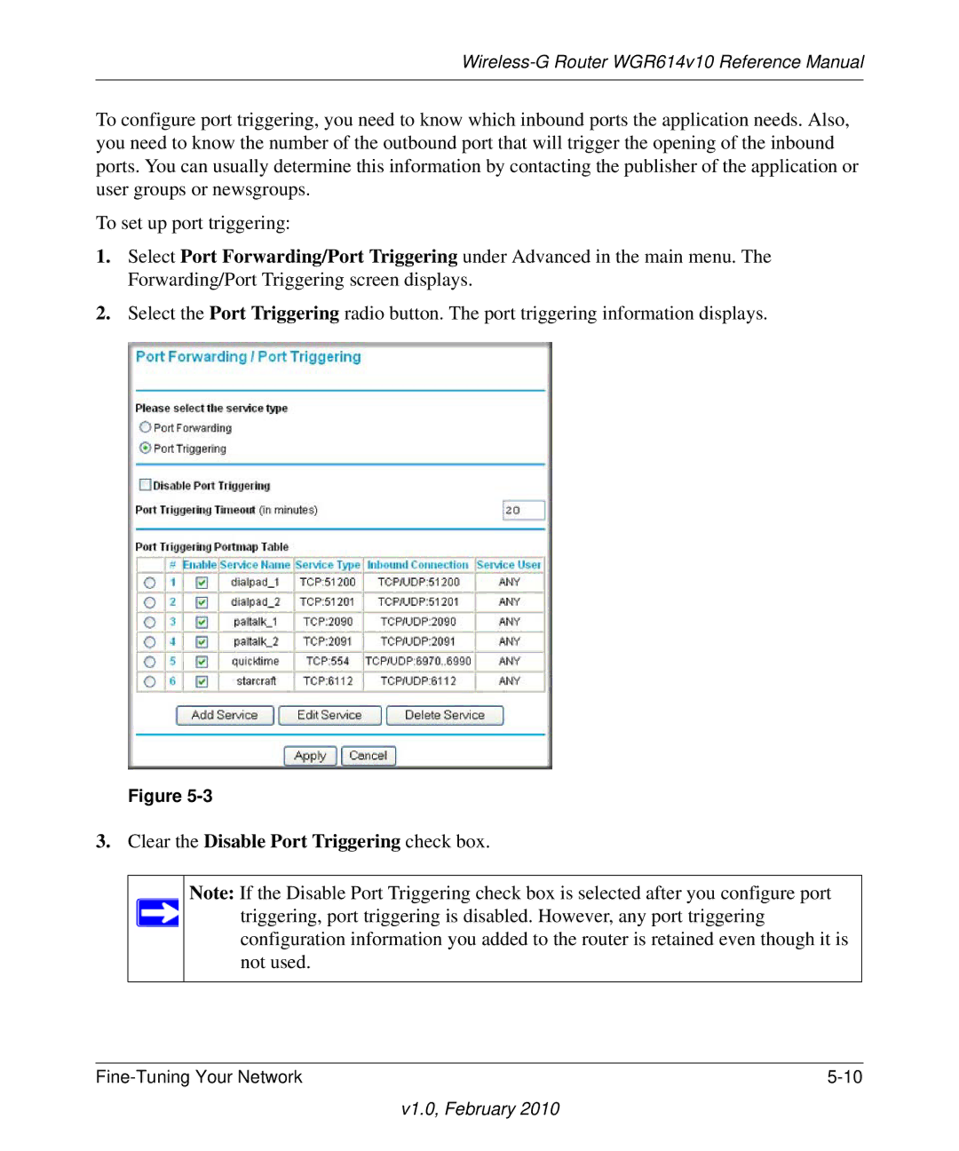 NETGEAR WGR614V10 manual Clear the Disable Port Triggering check box 