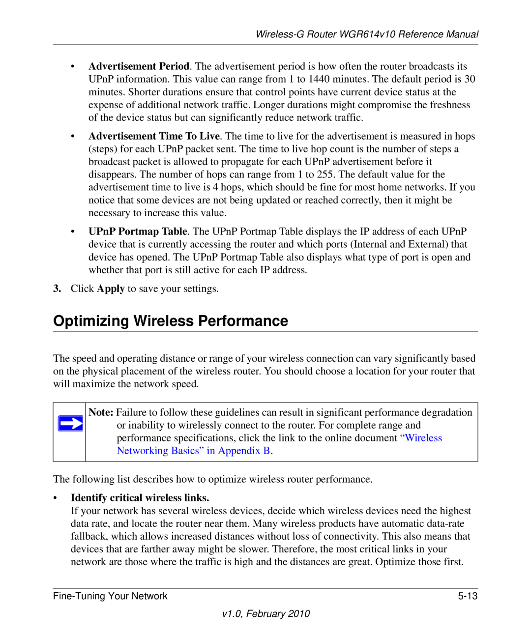 NETGEAR WGR614V10 manual Optimizing Wireless Performance, Identify critical wireless links 