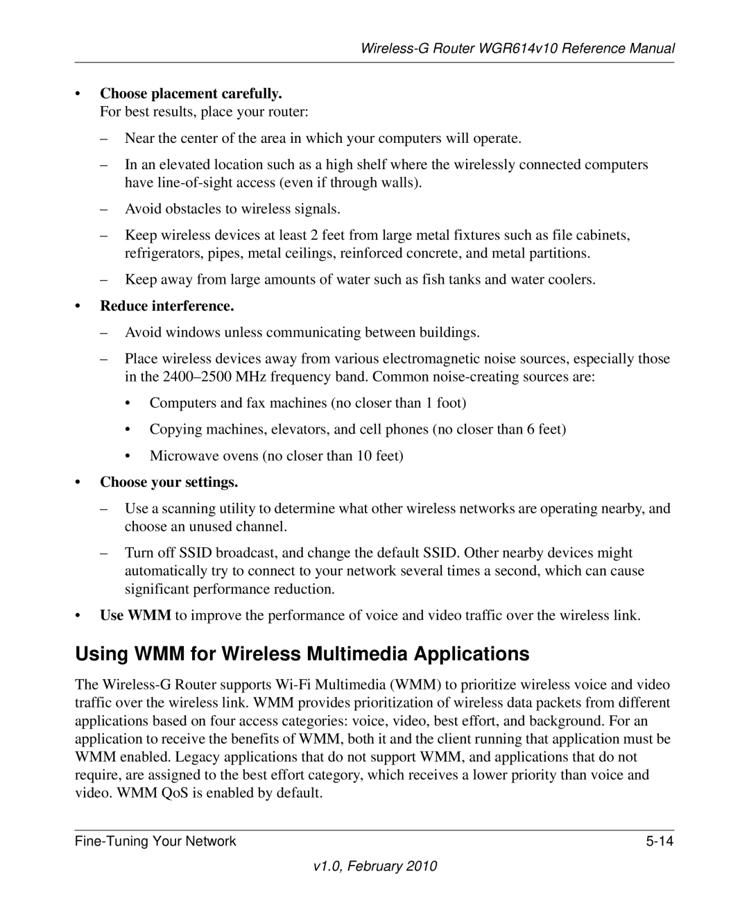 NETGEAR WGR614V10 manual Using WMM for Wireless Multimedia Applications, Reduce interference, Choose your settings 