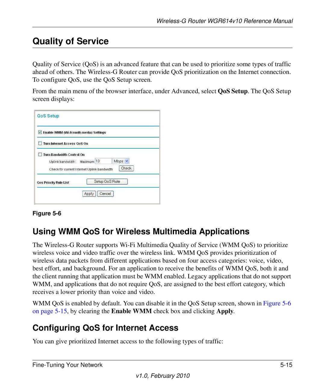 NETGEAR WGR614V10 manual Quality of Service, Using WMM QoS for Wireless Multimedia Applications 