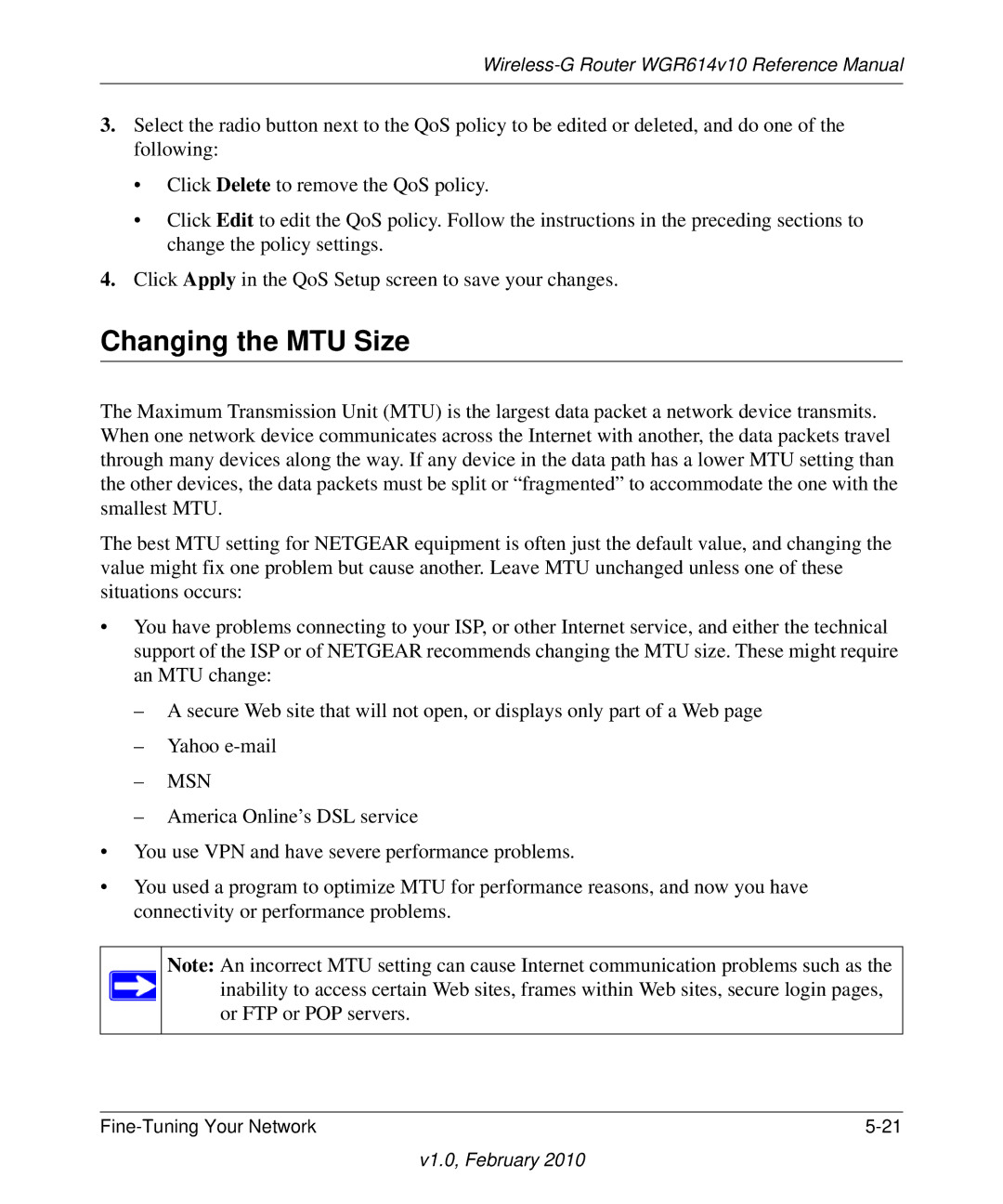 NETGEAR WGR614V10 manual Changing the MTU Size, Msn 