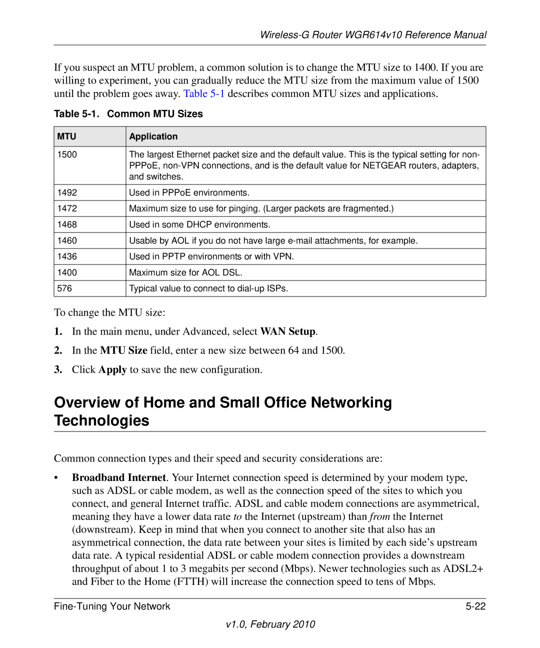 NETGEAR WGR614V10 manual Overview of Home and Small Office Networking Technologies, Common MTU Sizes 