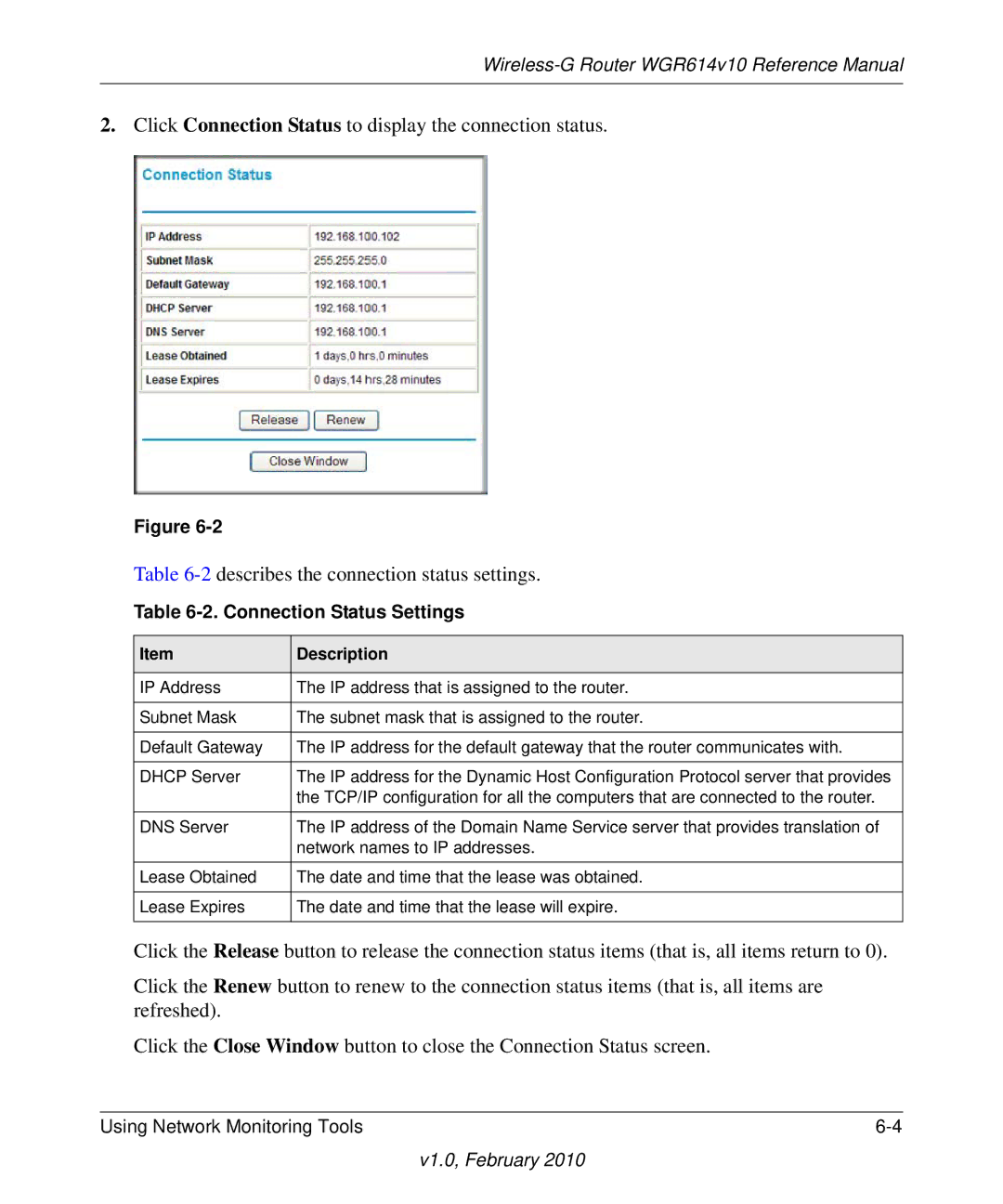 NETGEAR WGR614V10 manual Connection Status Settings 