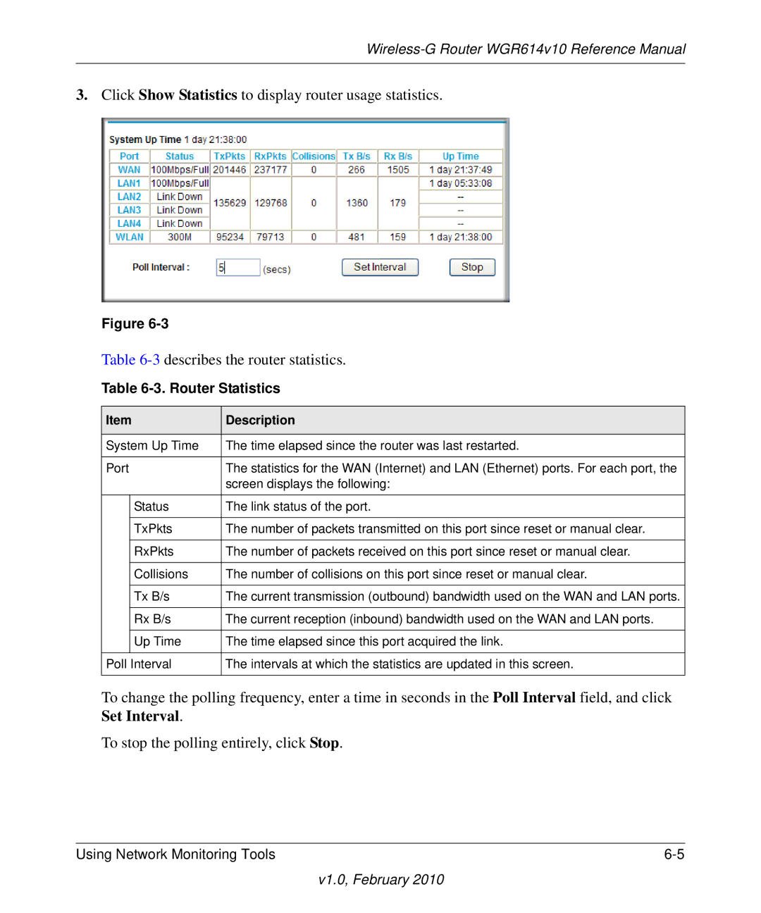 NETGEAR WGR614V10 manual Router Statistics 