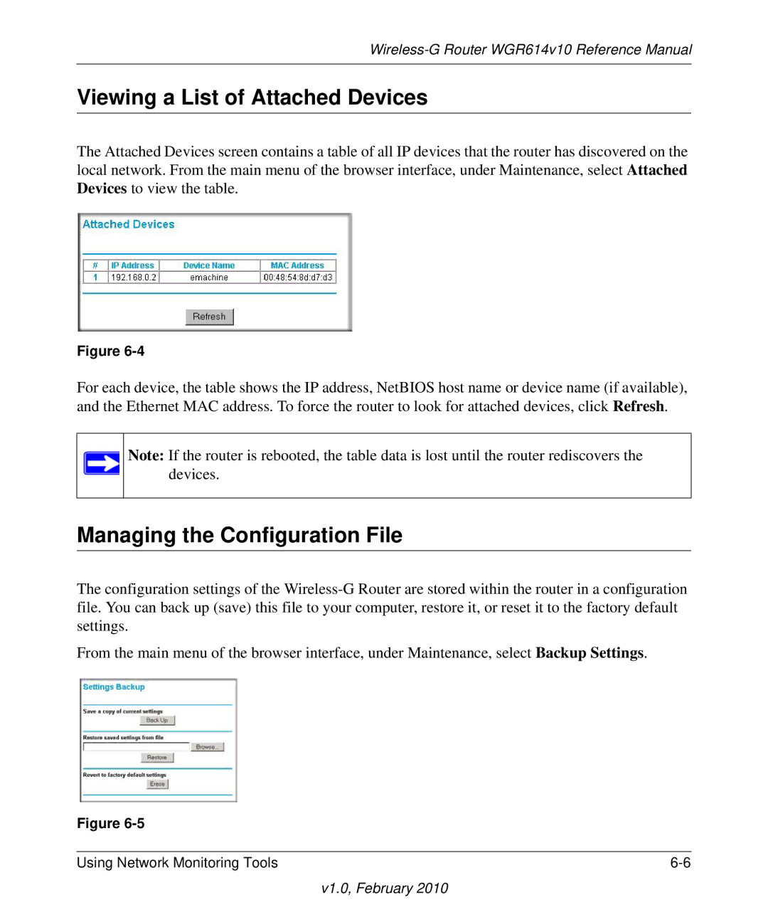 NETGEAR WGR614V10 manual Viewing a List of Attached Devices, Managing the Configuration File 