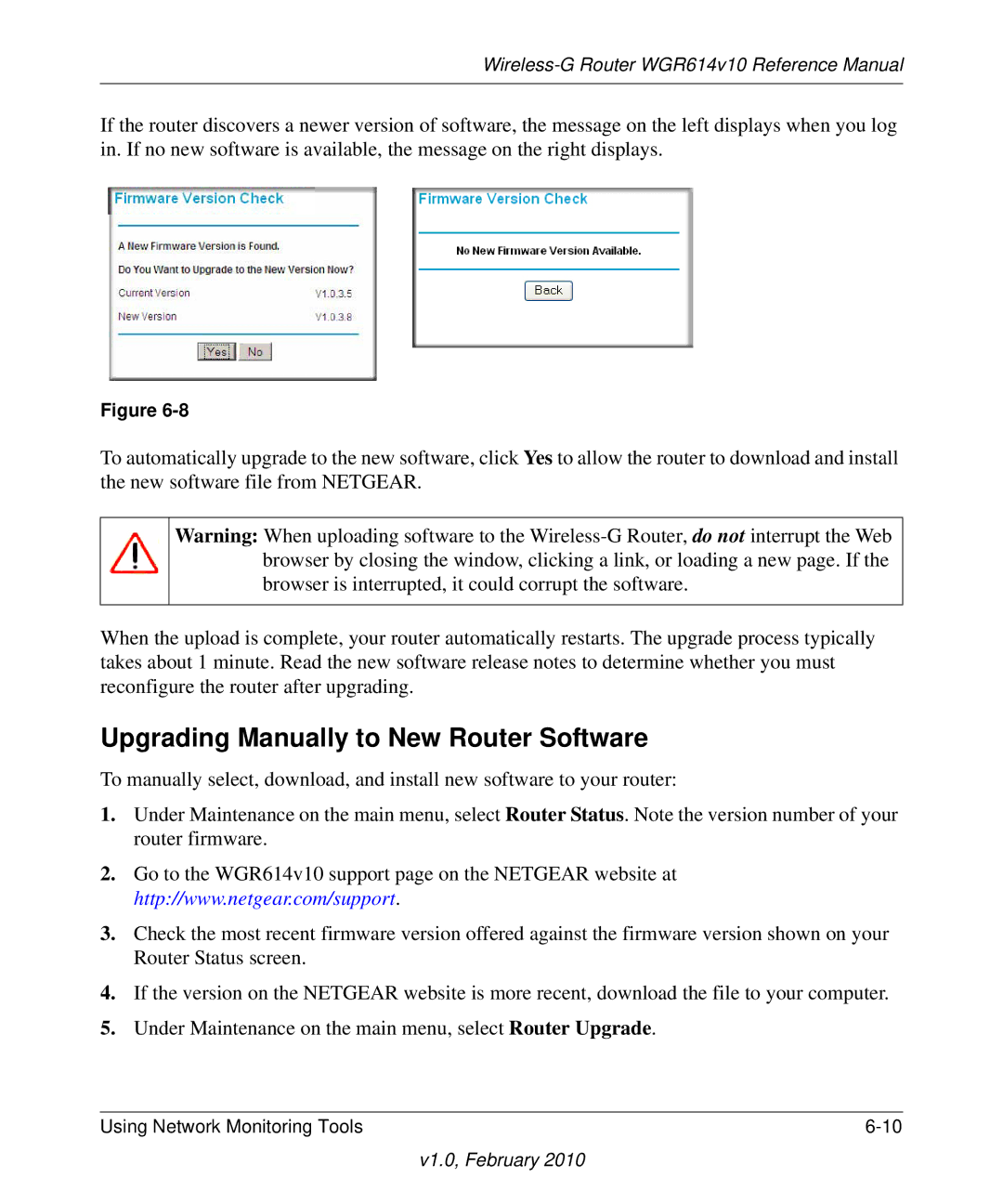 NETGEAR WGR614V10 manual Upgrading Manually to New Router Software 