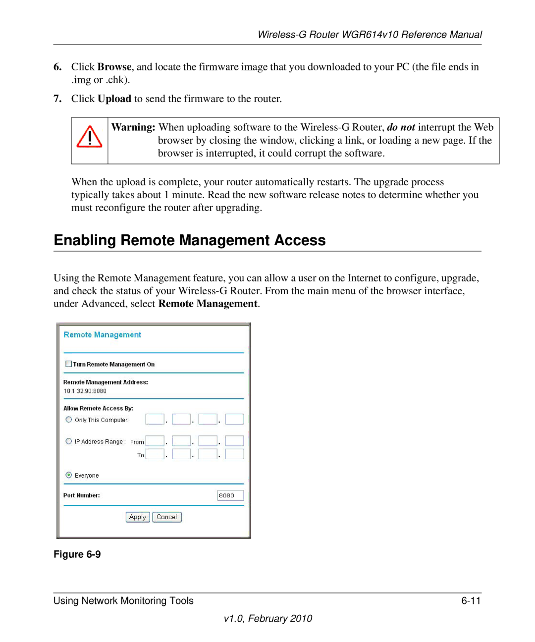 NETGEAR WGR614V10 manual Enabling Remote Management Access 