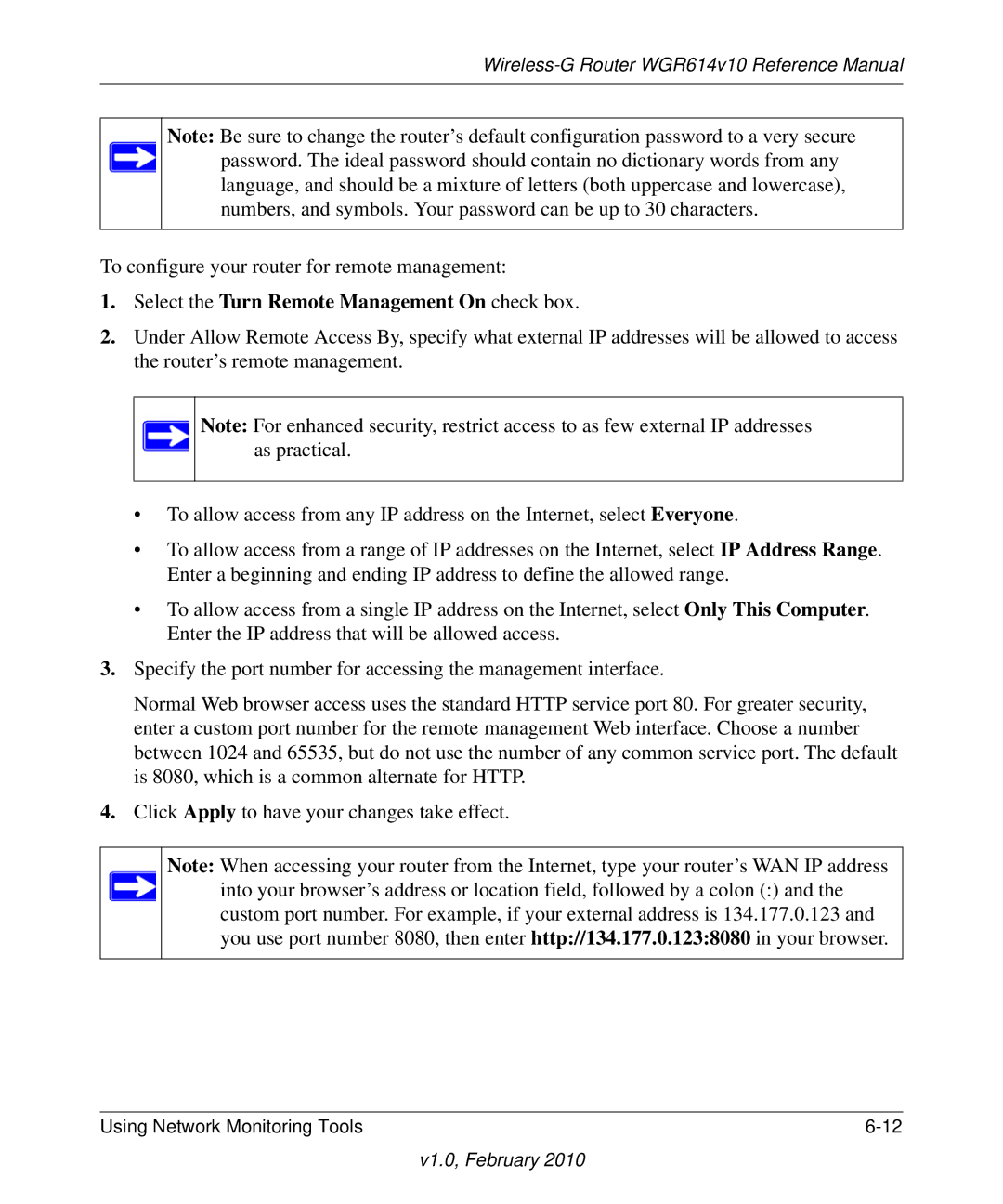 NETGEAR WGR614V10 manual Select the Turn Remote Management On check box 