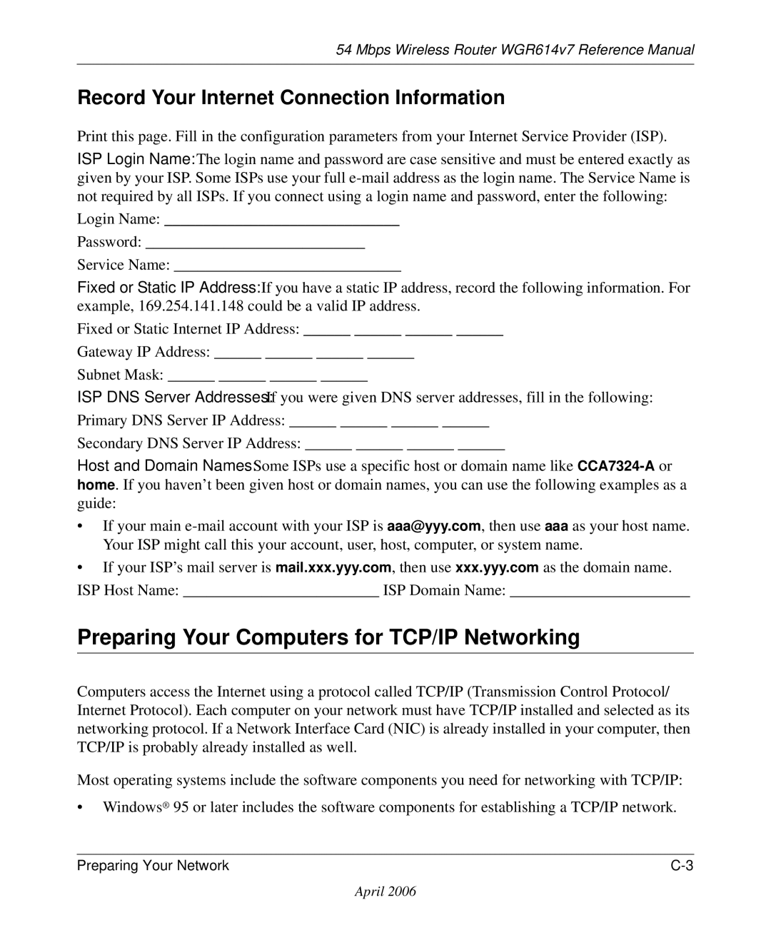 NETGEAR WGR614v7 manual Preparing Your Computers for TCP/IP Networking, Record Your Internet Connection Information 