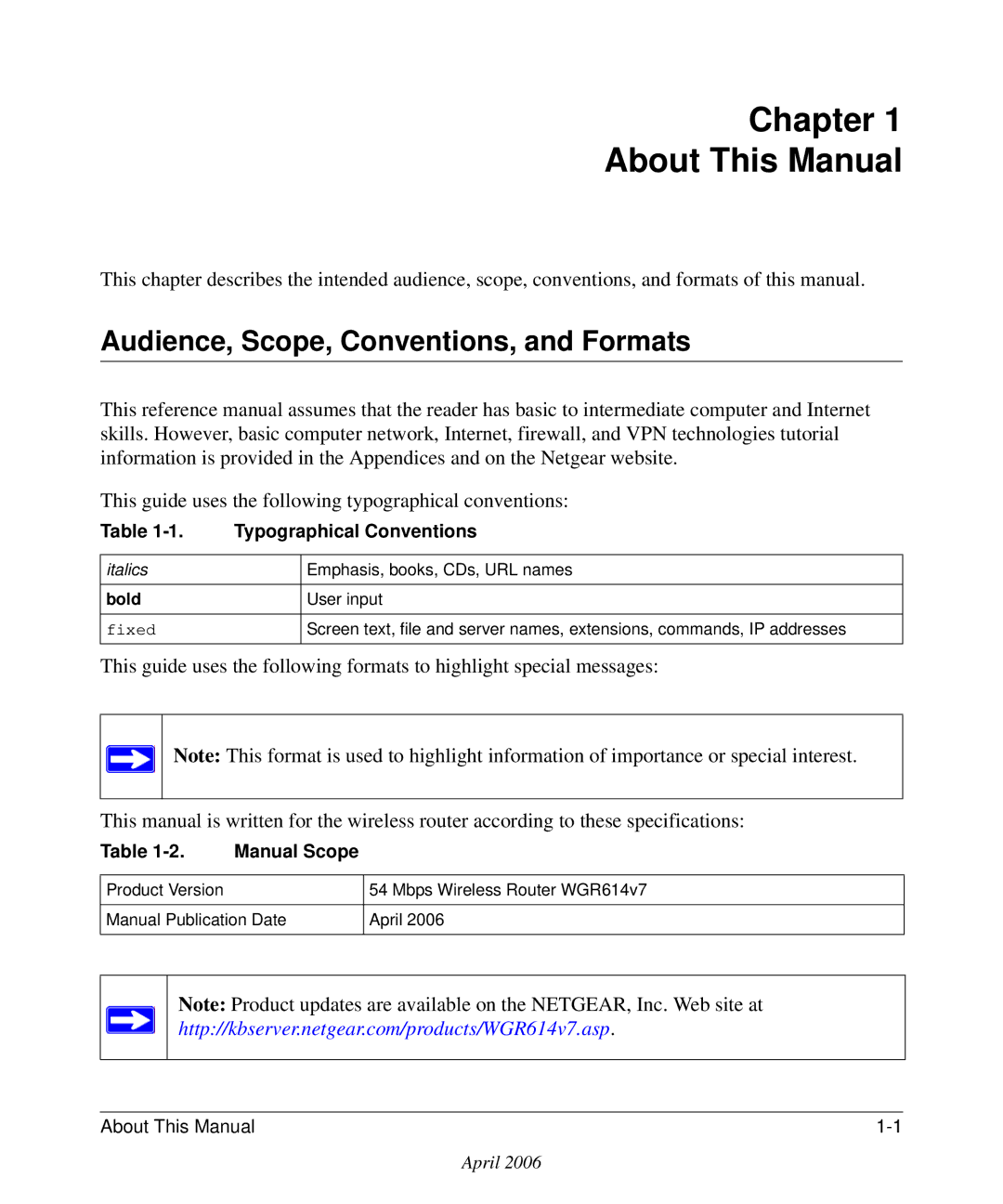 NETGEAR WGR614v7 manual Chapter About This Manual, Audience, Scope, Conventions, and Formats 