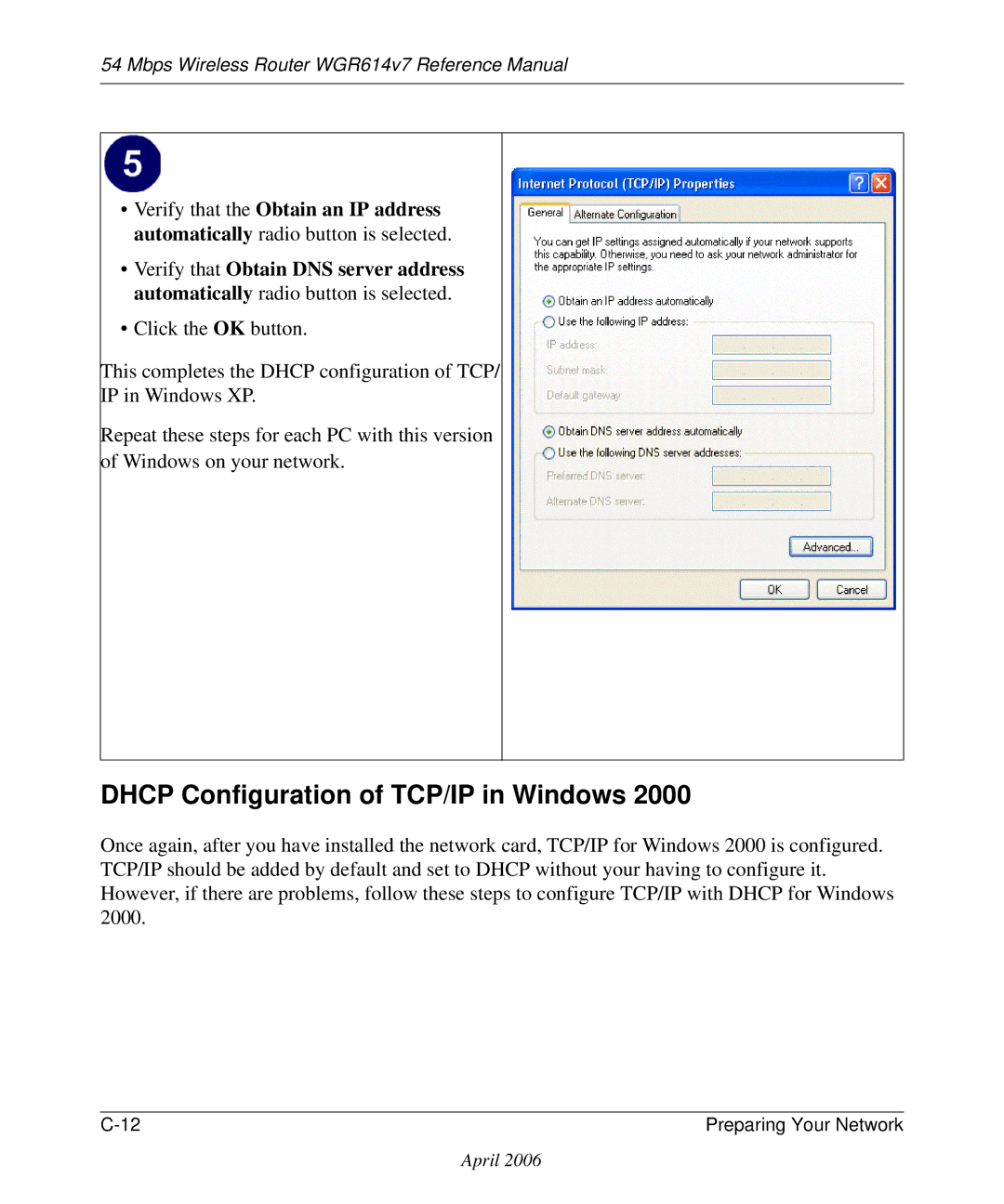 NETGEAR WGR614v7 manual Dhcp Configuration of TCP/IP in Windows 