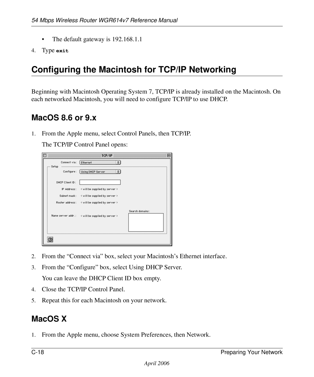 NETGEAR WGR614v7 manual Configuring the Macintosh for TCP/IP Networking, MacOS 8.6 or 