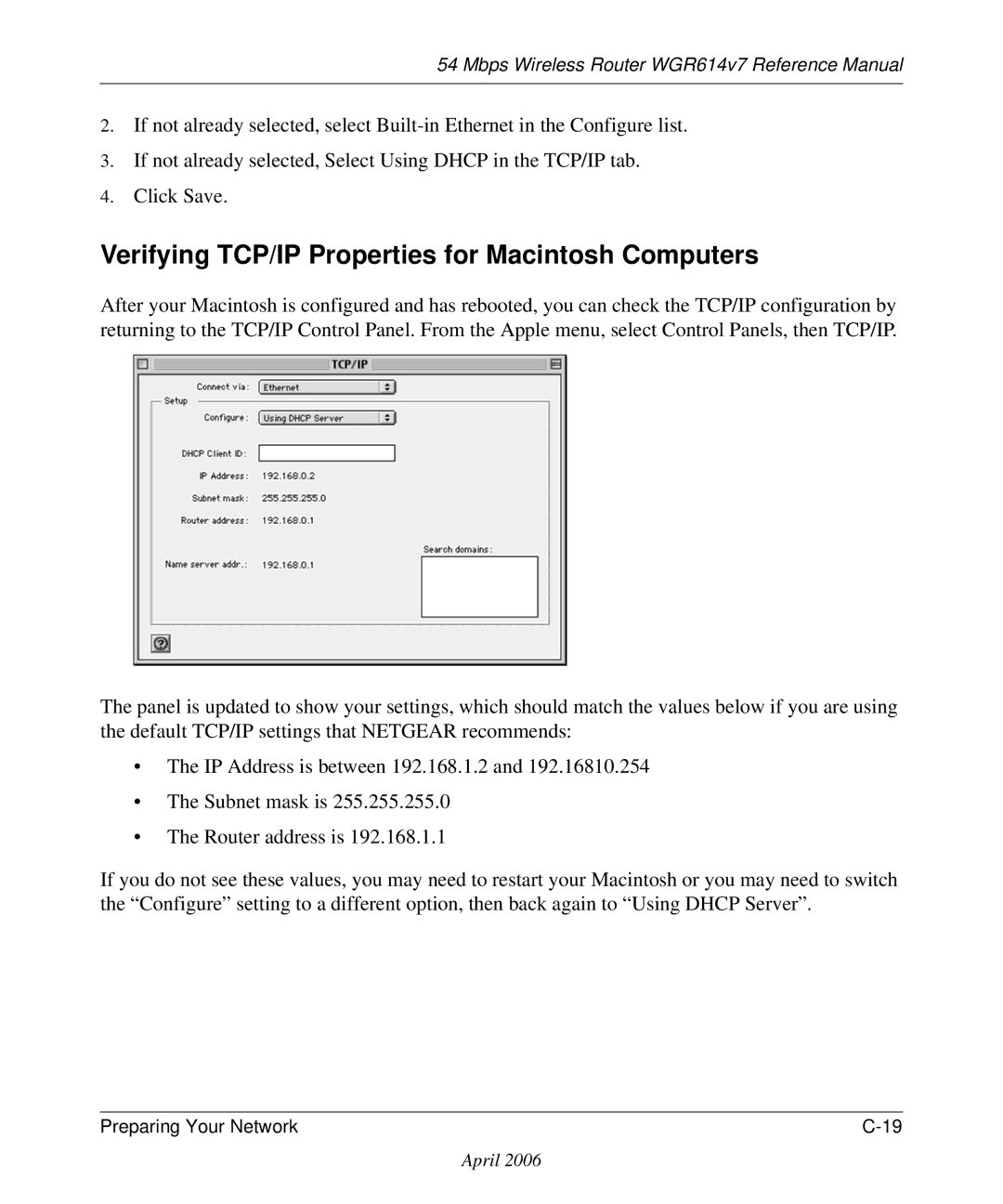 NETGEAR WGR614v7 manual Verifying TCP/IP Properties for Macintosh Computers 