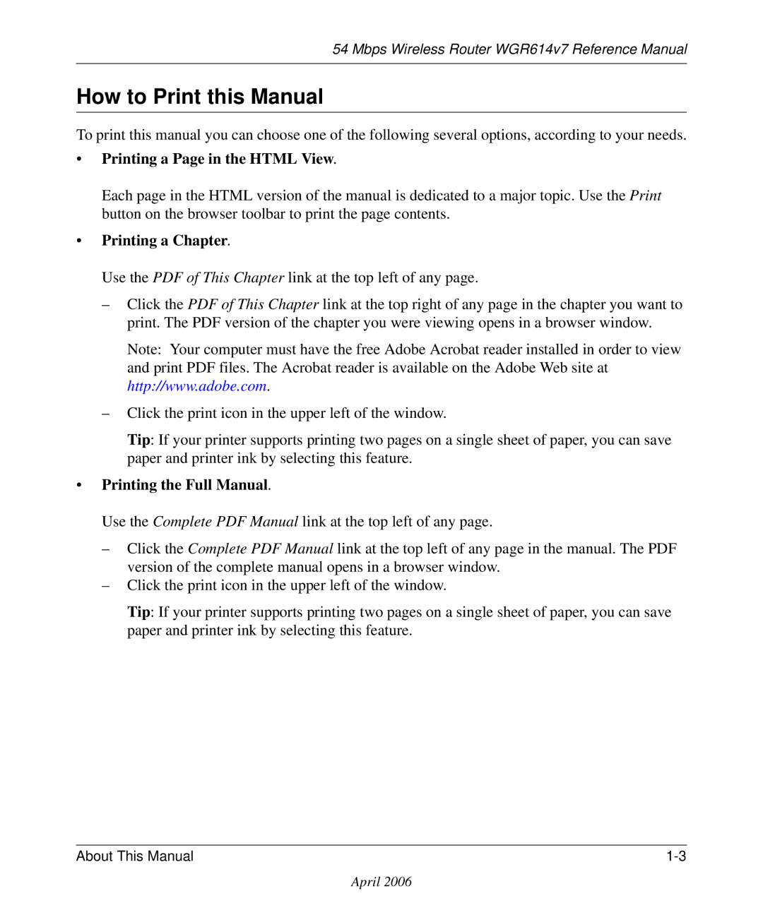 NETGEAR WGR614v7 manual How to Print this Manual, Printing a Page in the Html View 