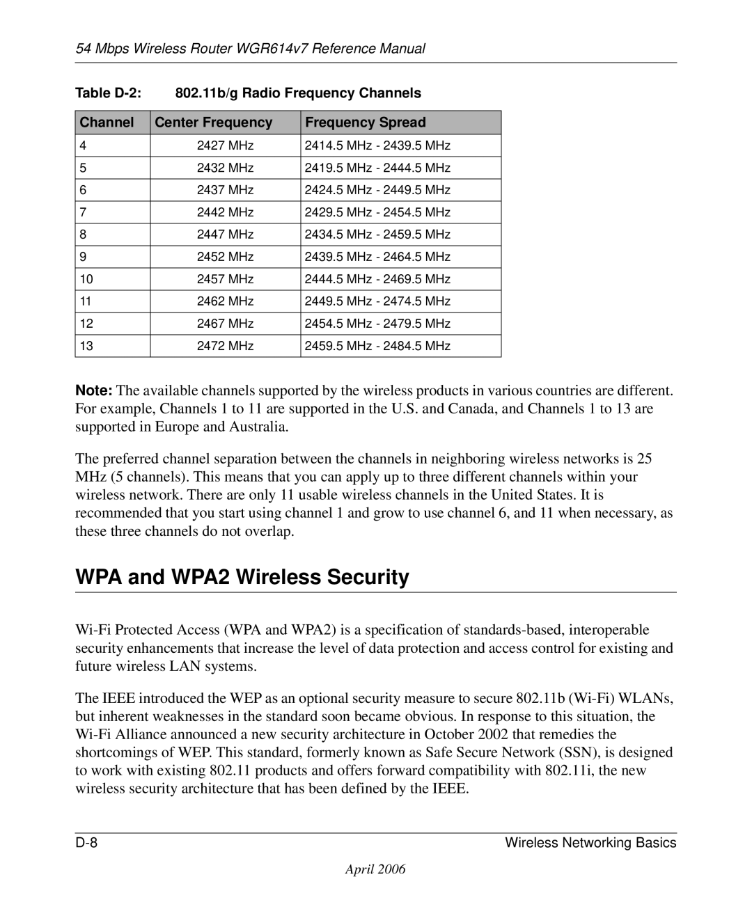 NETGEAR WGR614v7 manual WPA and WPA2 Wireless Security 