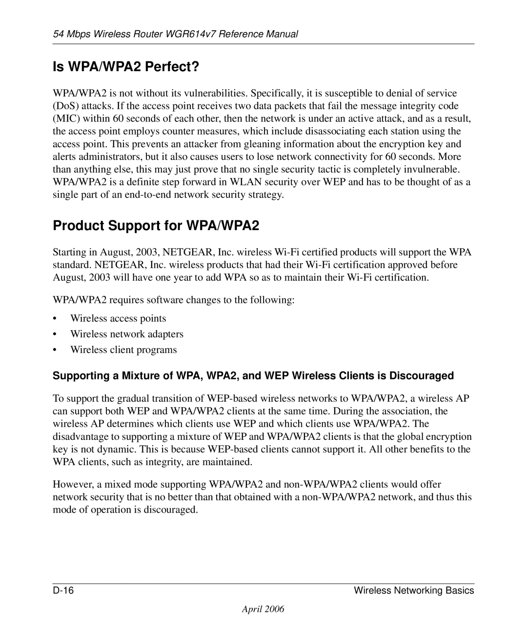 NETGEAR WGR614v7 manual Is WPA/WPA2 Perfect?, Product Support for WPA/WPA2 