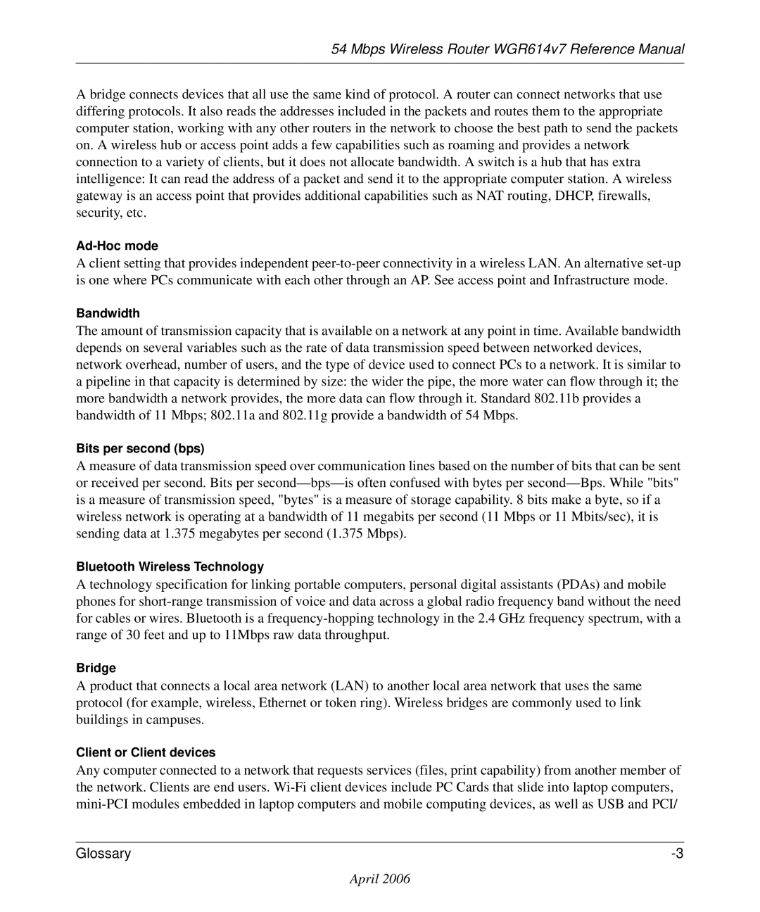 NETGEAR WGR614v7 manual Bandwidth 