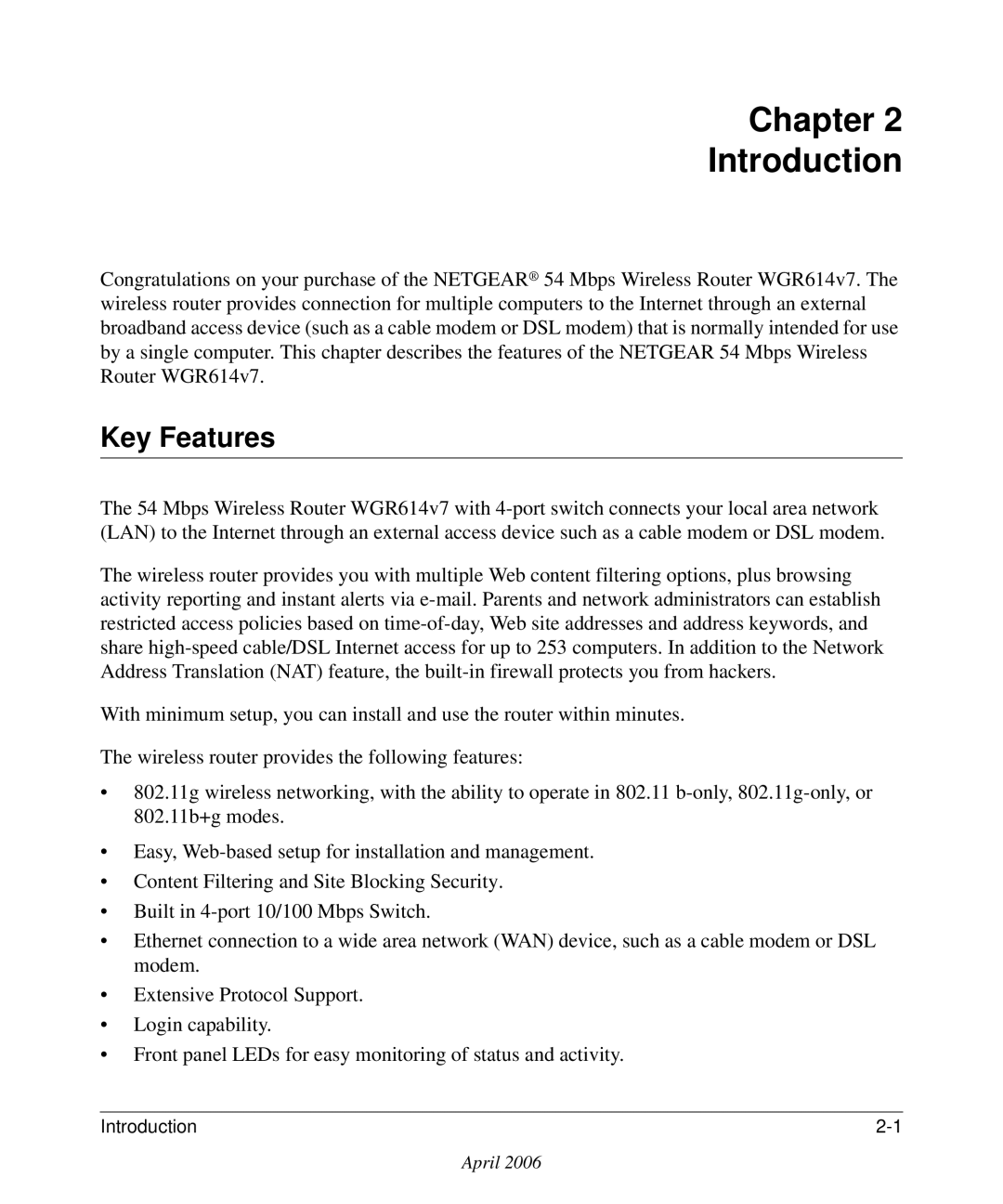 NETGEAR WGR614v7 manual Chapter Introduction, Key Features 