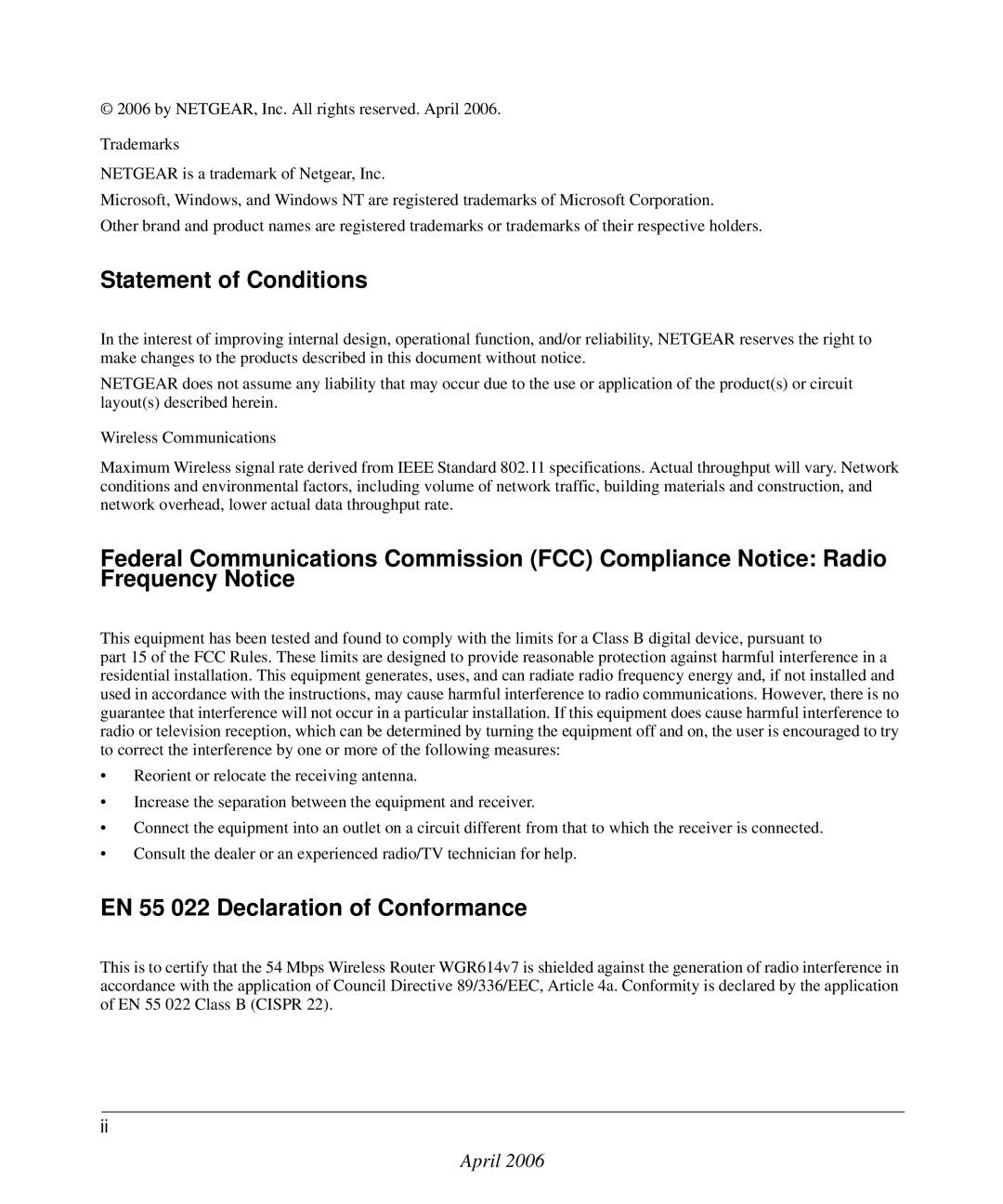 NETGEAR WGR614v7 manual Statement of Conditions 