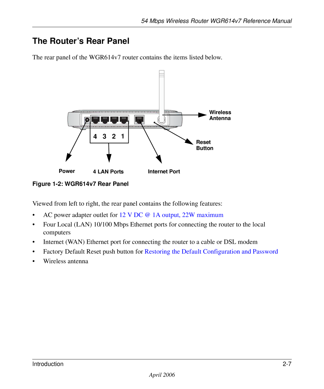 NETGEAR manual Router’s Rear Panel, WGR614v7 Rear Panel 