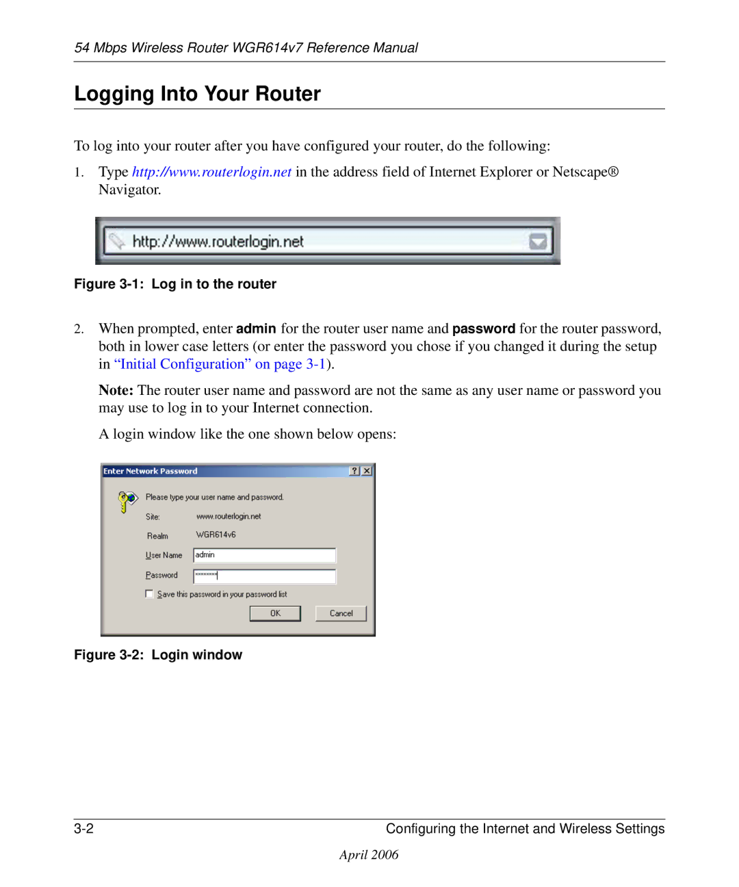 NETGEAR WGR614v7 manual Logging Into Your Router, Log in to the router 