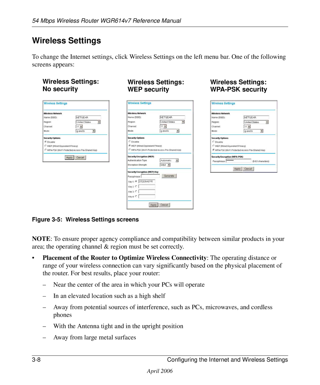 NETGEAR WGR614v7 manual Wireless Settings No security WEP security WPA-PSK security 