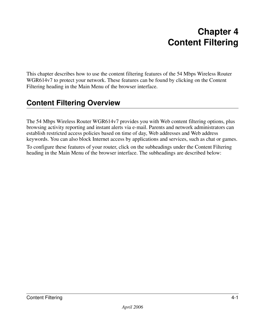 NETGEAR WGR614v7 manual Chapter Content Filtering, Content Filtering Overview 