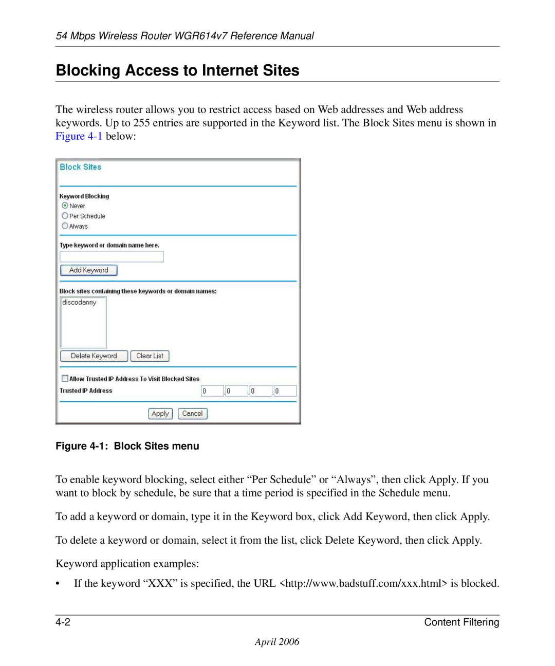 NETGEAR WGR614v7 manual Blocking Access to Internet Sites, Block Sites menu 