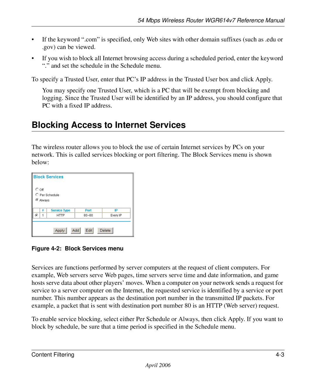 NETGEAR WGR614v7 manual Blocking Access to Internet Services, Block Services menu 