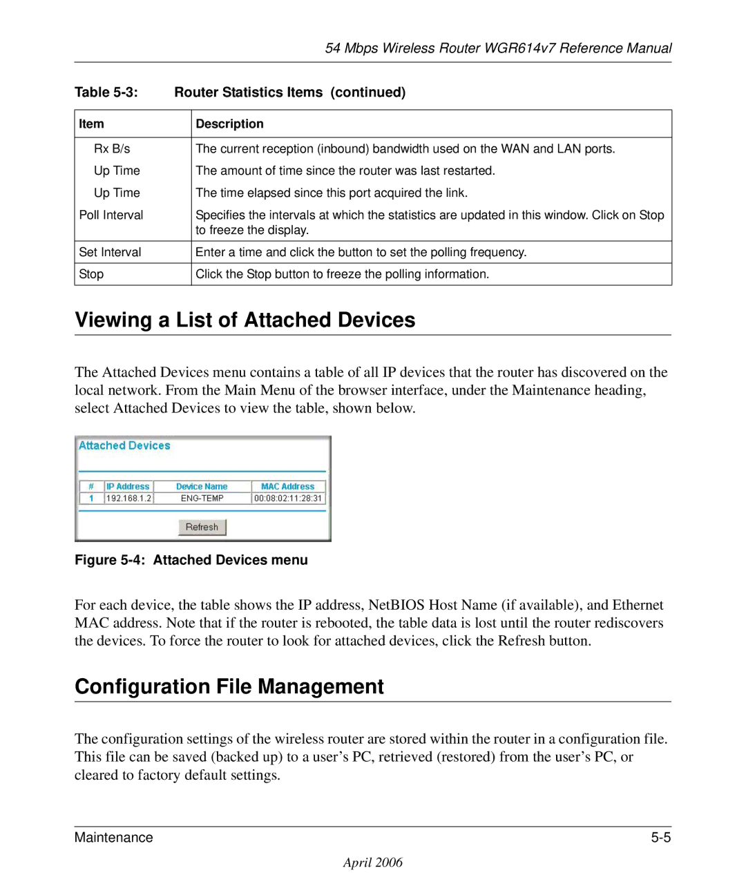 NETGEAR WGR614v7 manual Viewing a List of Attached Devices, Configuration File Management 