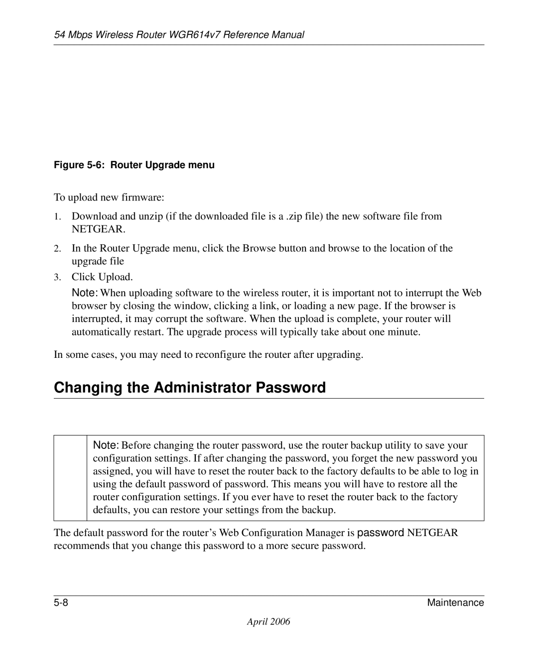 NETGEAR WGR614v7 manual Changing the Administrator Password, Netgear 