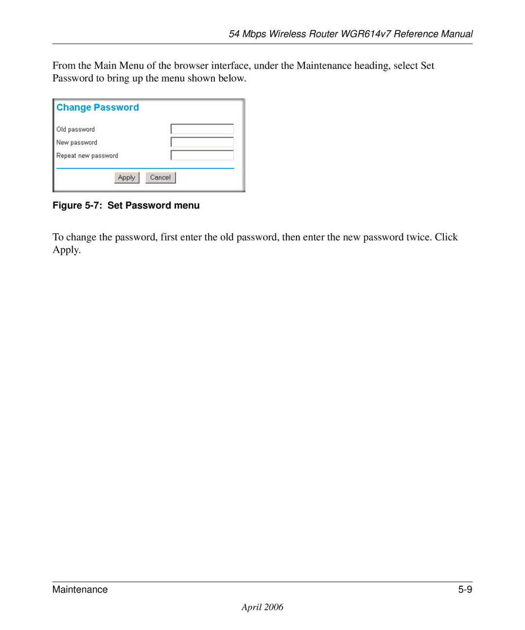 NETGEAR WGR614v7 manual Set Password menu 